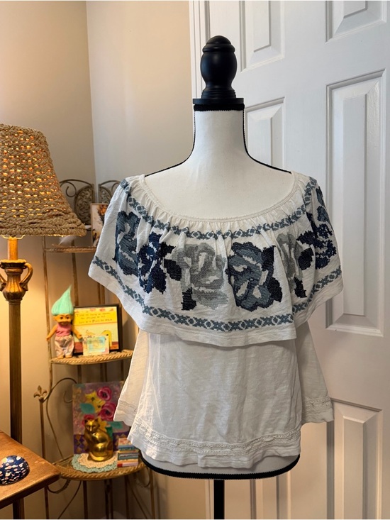 Free People Tops - D O N A T E D Free People White Off-Shoulder Blouse with Blue Floral Embroidery